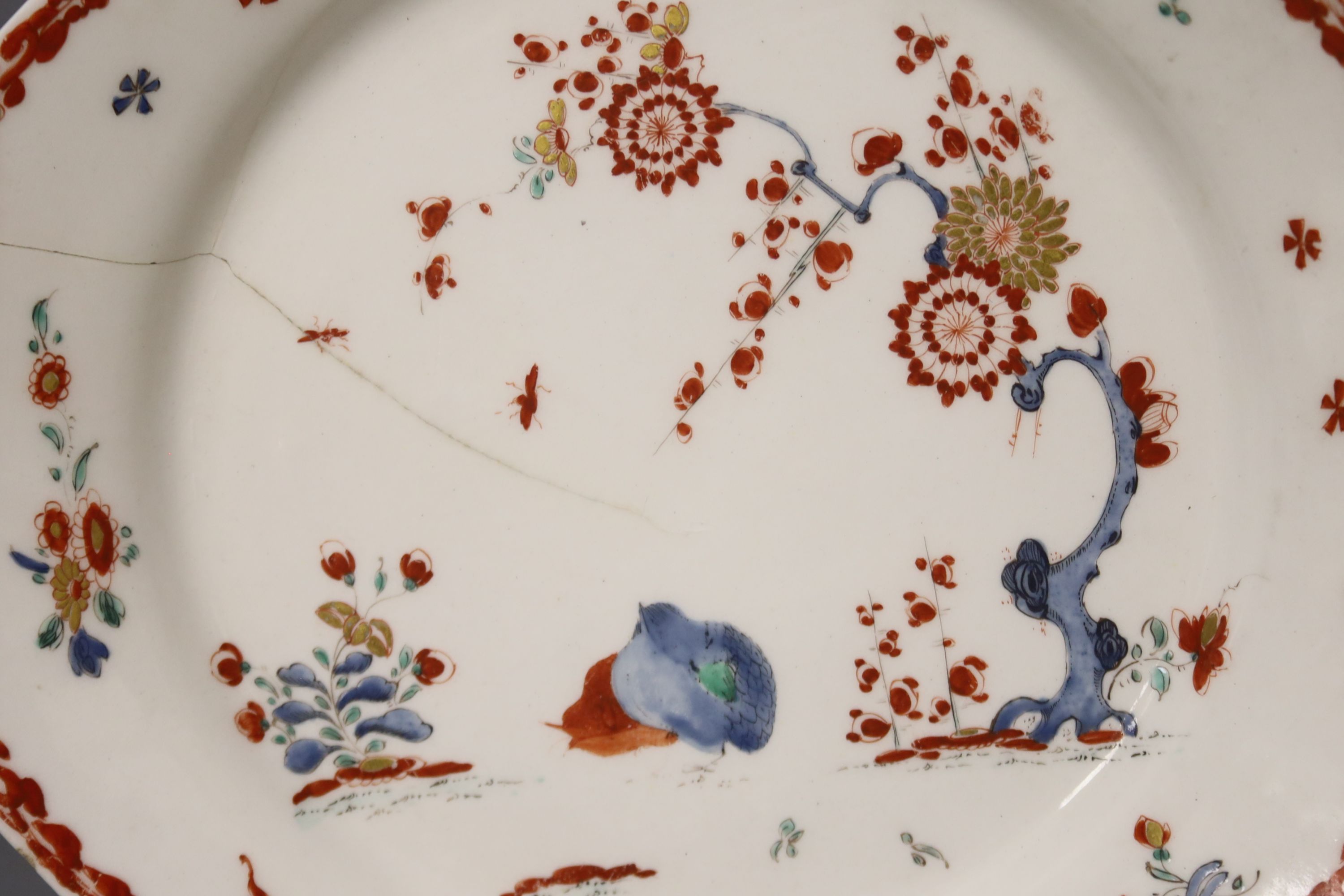 A Bow octagonal plate painted with the two quail pattern, c.1758, 21.5cm